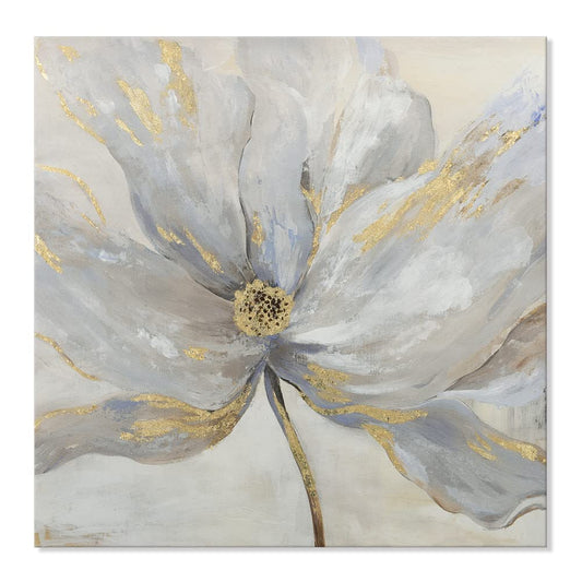 Goldfoilart Floral Wall Art Gold Flower Canvas Pictures with Foil Embellishment Painting Grey Print Framed Artwork for Bedroom Bathroom Living Room Office Wall Decor 24" x 24"