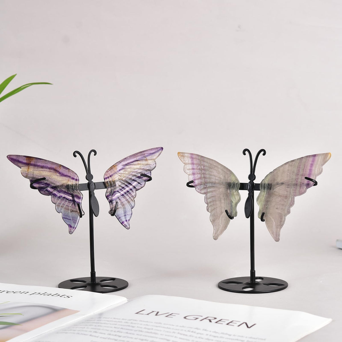 JIC Gem Rainbow Fluorite Crystal Butterfly Art Angel Wings Sculpture Carving,Healing Crystal Butterfly Ornaments Energy Decorative Stone Reiki Gifts (1pair, 10cm)