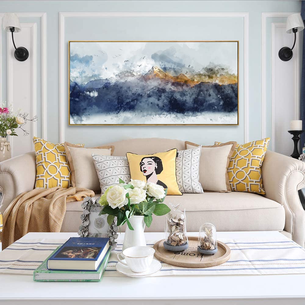 vgrozirh Framed Ready to Hang Wall Art Blue Clouds Yellow Mountain Peaks Indigo Ink Abstract Mountain Landscape Artwork Canvas Painting Prints for Living Room Bedroom Office Large Decor 24"x48"