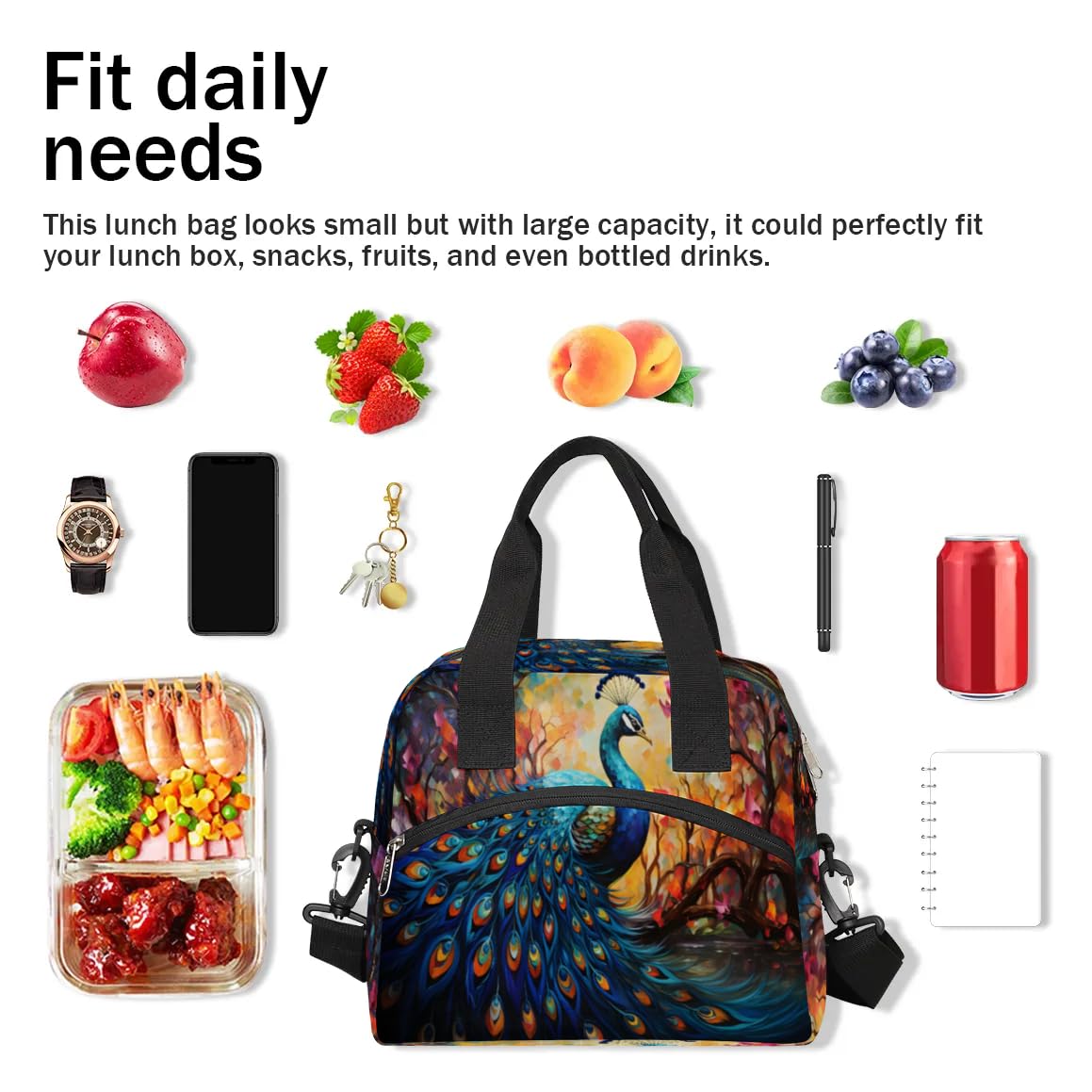 Insulated Lunch Bag Animal Peacock Lunch Box for Women Men Reusable Lunch Tote Bag with Adjustable Shoulder Belt Portable Lunchbox Cooler Bag Organizer for Office Work Picnic