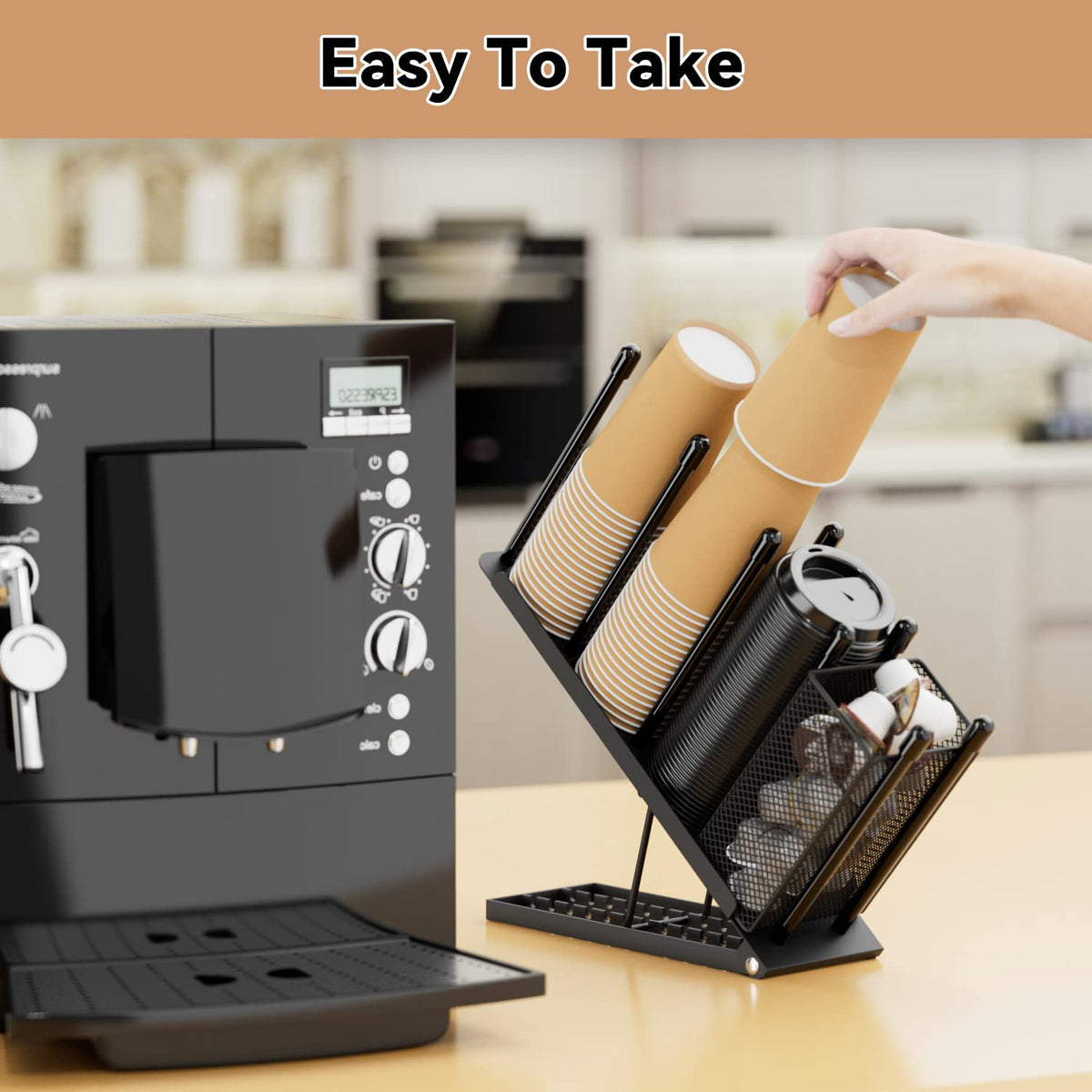 OVICAR Cup and Lid Holder - Adjustable Coffee Cup Holder Organizer 4 Compartment Disposable Cup Dispenser with Coffee Pod Straw Storage Basket for Coffee Station Bar Countertop Breakroom Metal Black