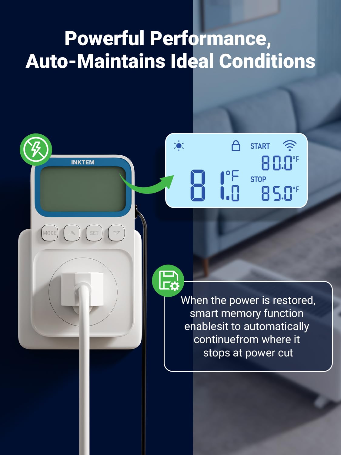 INKTEM WiFi Plug in Thermostat Outlet, Temperature Controlled Outlet with Smart APP, Timer & Memory Digital Temp Controller -40~212℉, IP67 Waterproof Probe for Incubator Homebrew Reptile Space Heater