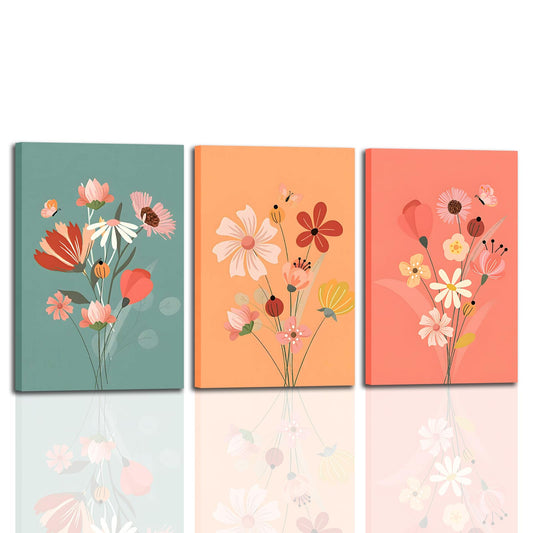 3Pcs Framed Flower Wall Art Abstract Floral Canvas Pictuers Botanical Painting Minimalist Plant Prints Boho Floral Poster Vintage Artwork for Living Room Bedroom Office Ready to Hang16x24In