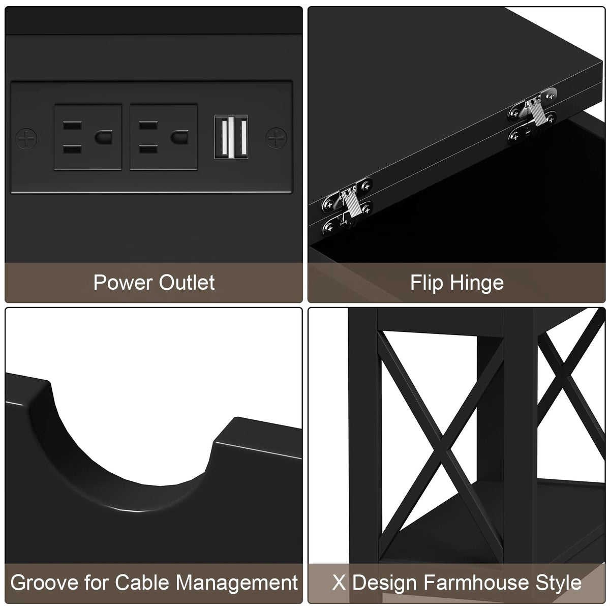 ChooChoo End Table with Charging Station, Narrow Flip Top Side Table with USB Ports & Power Outlets for Small Spaces, Nightstand Sofa Table for Living Room, Bedroom, Black, 2 Pack