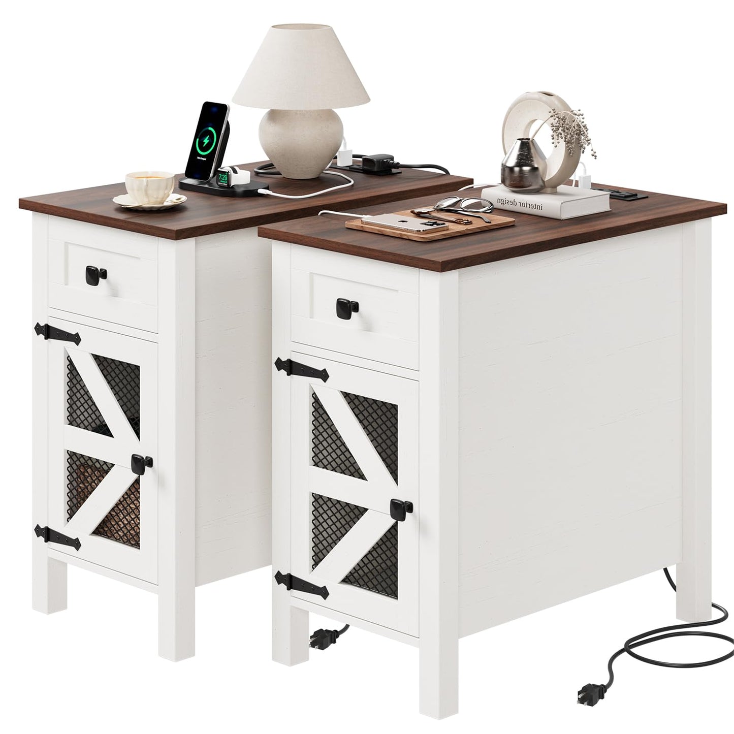 HAIOOU Farmhouse End Table with Charging Station, Narrow Side Tables for Living Room, Bedside Table with Storage Cabinet and Drawer, Slim Wood Nightstand for Small Space(Rustic White)