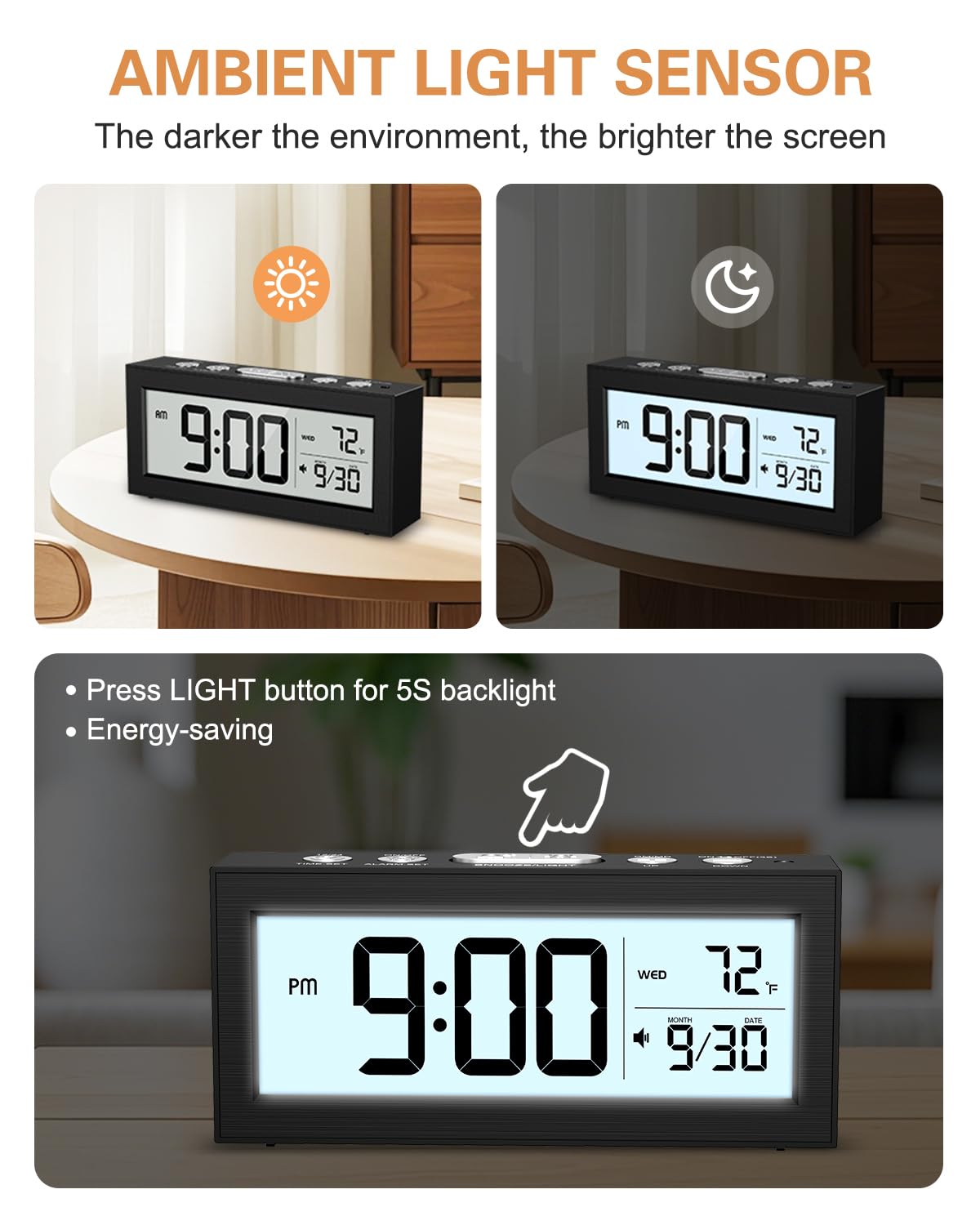 Bomivoi Battery Powered Digital Clock, LCD Digital Clock with Date & Temp Display, 5 Alarm Schedule, Snooze, 12/24 H, Auto Dimming, 5s Backlight, Small Alarm Clocks for Bedroom, Office, Travel
