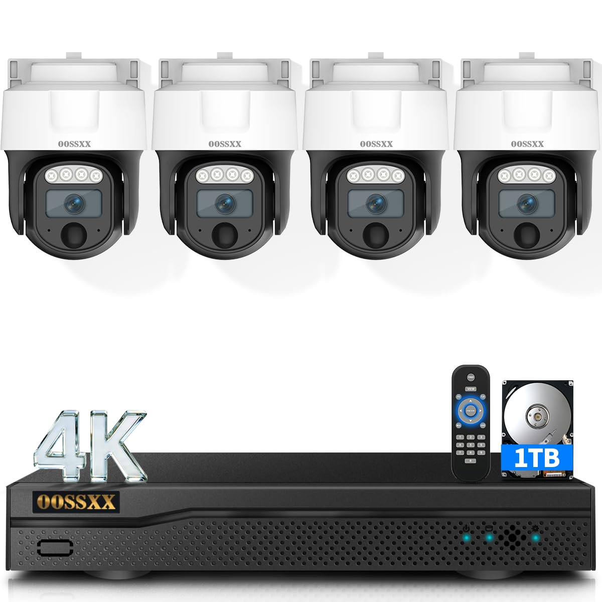 (2026 New) 4K PTZ Wired Outdoor Security Camera System, 8CH DVR with 1TB HDD, 4 Cameras, Remote Control, No Monthly Fee App, 122° Wide Angle, AI Human Detection, Audio Mic, IR Night Vision, Indoor