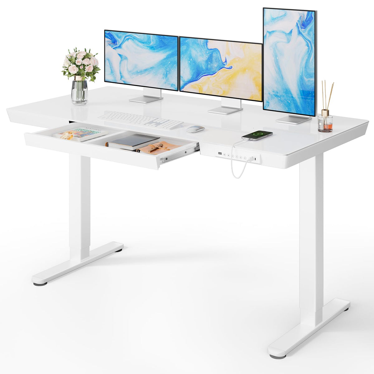 Marsail Glass Standing Desk with Drawer,55 x 28 inch Electric Standing Desk, Adjustable Height Desk with Storage & USB Charging Ports, One-Piece Standing Desk for Home & Office, White