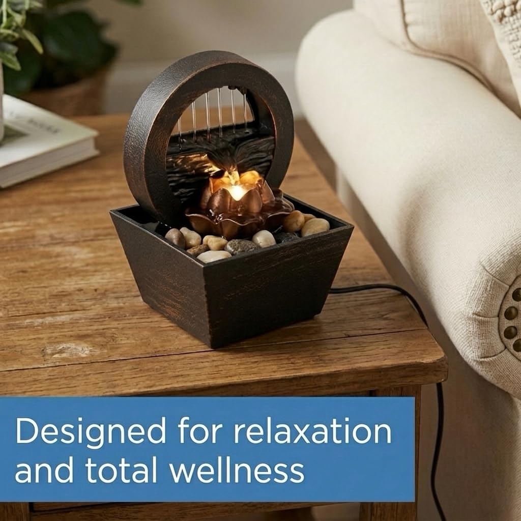 USB Tabletop Water Fountain with Warm Yellow LED – Compact Indoor Fountain with Real River Stones – Quiet Desktop Waterfall for Office, Bedroom, Yoga, Meditation – Bronze