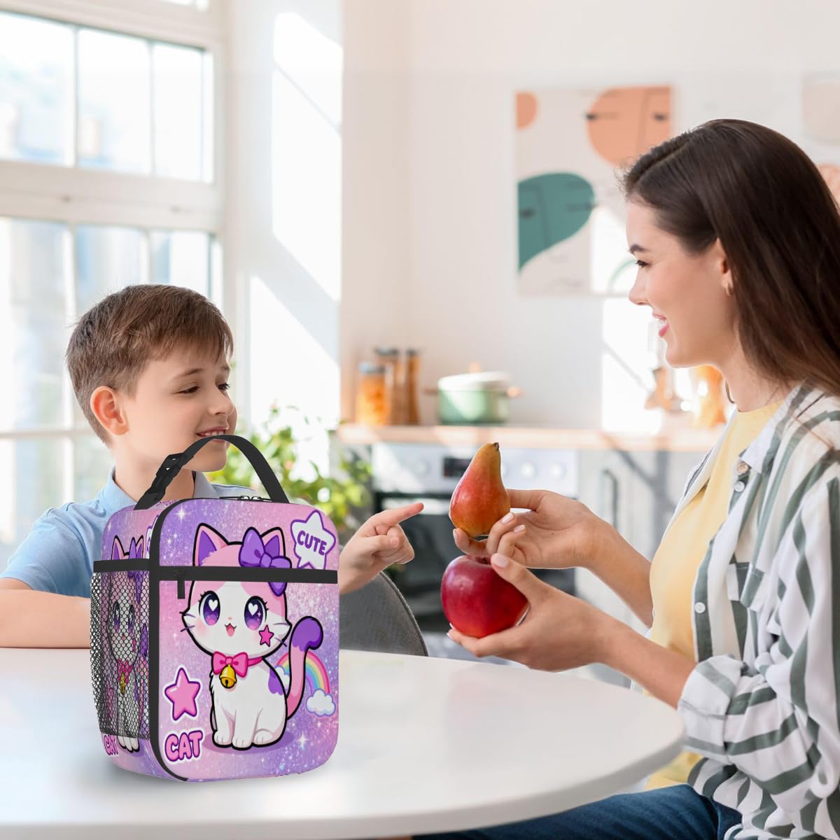 AUUXVA Cute Kids Insulated Lunch Bag - Girls Lunch Boxes for School Waterproof Lunchbox with Water Bottle Holder, Reusable Portable Lunch Tote for Office Beach Picnic(Cat)