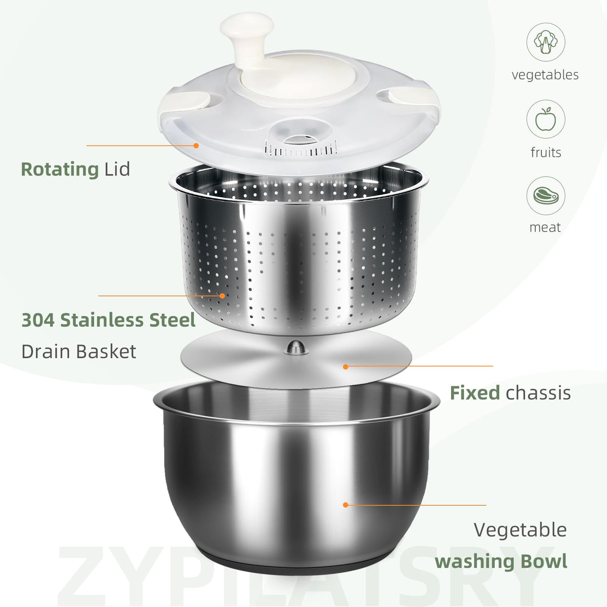 Zypilatsry 6L-Stainless Steel Salad Rotator, Vegetable Dishwasher,Lettuce Cleaner and Dryer, Kitchen Strainers.