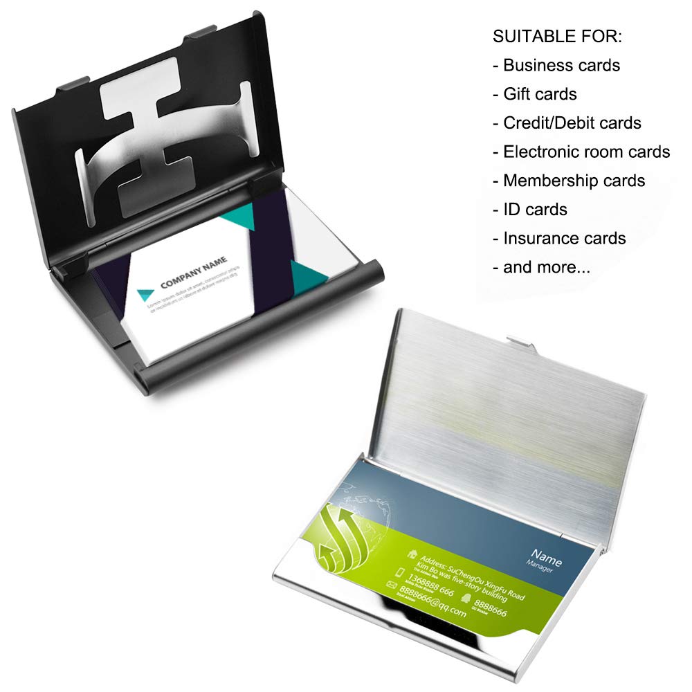 SENHAI 2 Pcs Business Card Holders, Professional Thumb-Drive Slide Out Business Card Case and Stainless Steel ID Name Wallet Credit Card Holder for Men and Women - Black