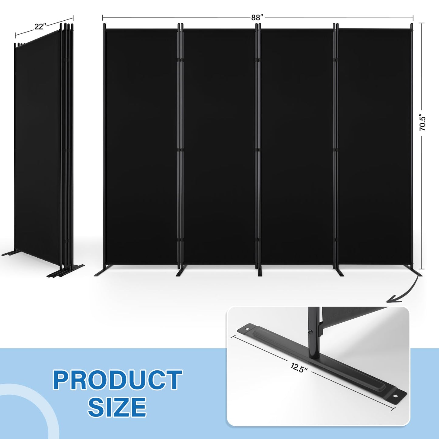 AKTOP 4 Panel Room Divider, 6FT Portable Wall Divider for Room Separation, 88"W Fabric Partition Room Dividers and Folding Privacy Screens, Freestanding Room Separators for Home Office Bedroom, Black