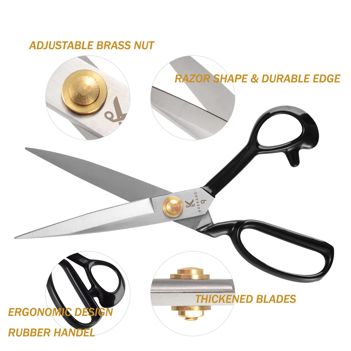 BVEKADO Sewing Scissors 9 Inch, Fabric Dressmaker Scissors Heavy Duty Shears for Tailors Dressmaking, Professional for Upholstery Crafting-Cutting Fabric Leather Paper(High-carbon Steel) White