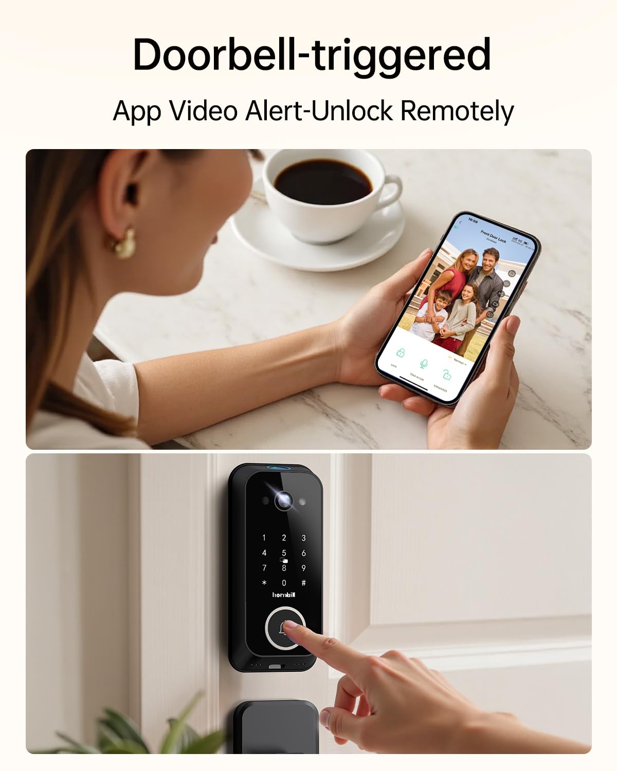 Smart Front Door Lock Sets: 2K HD Camera Lock with Doorbell Kits, Hornbill Fingerprint Keyless Entry Door Lock with Handles, WiFi Deadbolt(only 2.4G) for Remote Control, Free APP/Alexa/PIR, Black