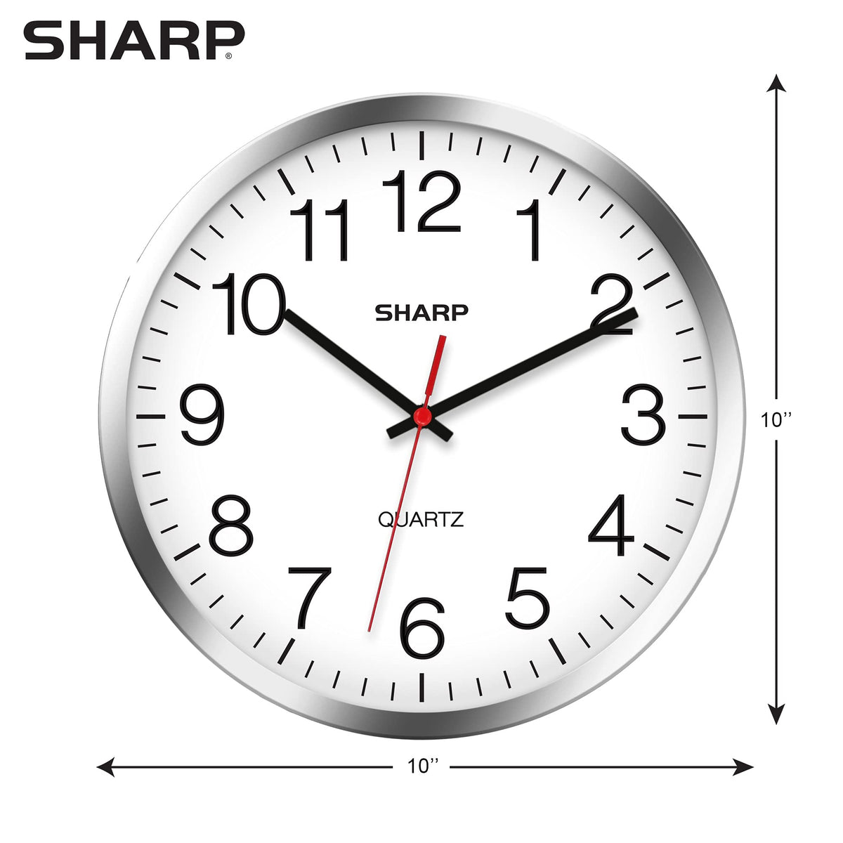 Sharp Wall Clock – Silver/Chrome, Silent Non Ticking 10 Inch Quality Quartz Battery Operated Round Easy to Read Home/Kitchen/Office/Classroom/School Clocks, Sweep Movement