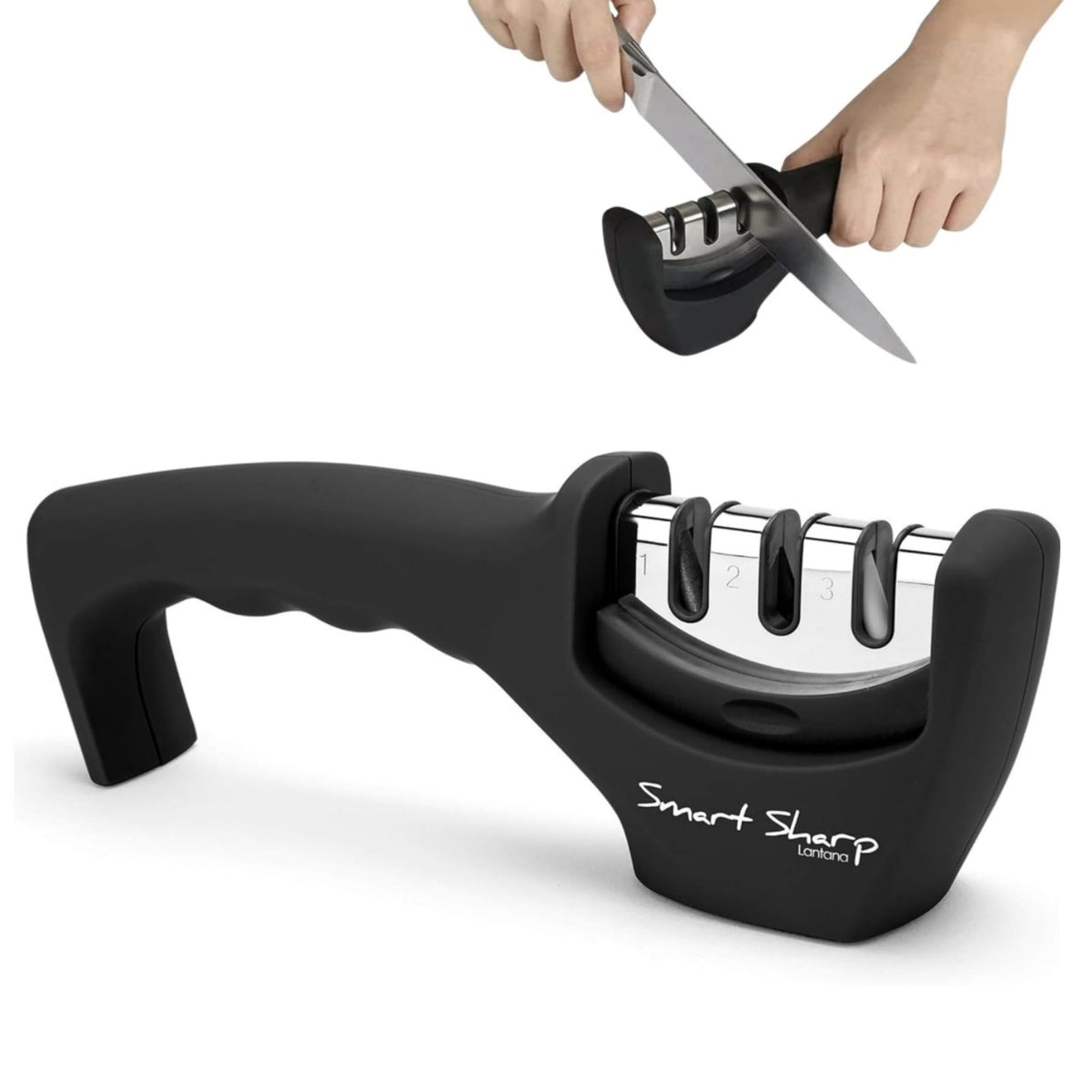 Lantana Knife Sharpener 'Smart Sharp' - Professional 3 Stage Manual Sharpener for Sharpening Kitchen Knives - Ceramic Stone, Tungsten Carbide Plates, Diamond rods. Ergonomic Design, Black/Chrome