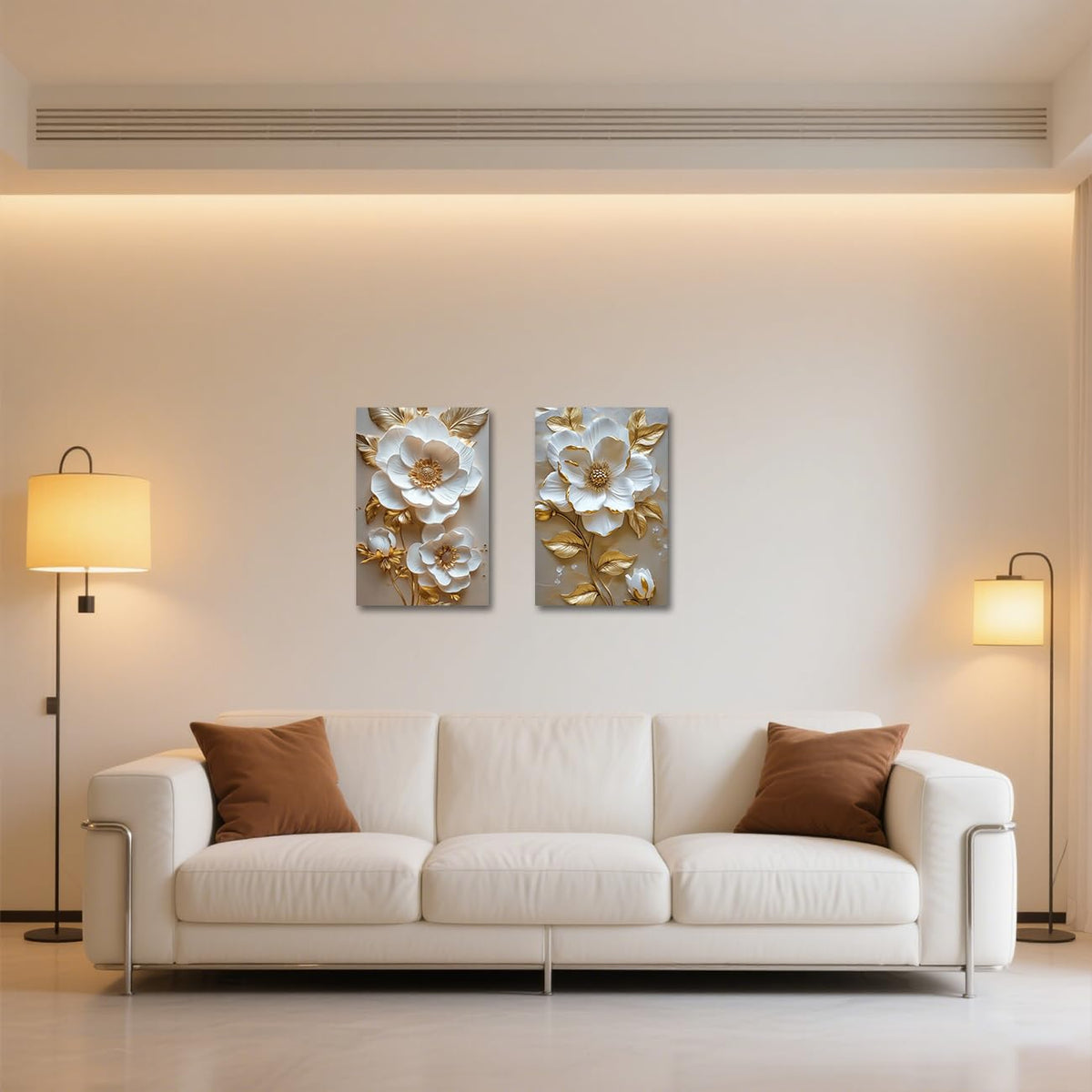 LZIMU White and Gold Flower Canvas Wall Art Elegant Golden Floral Leaves Painting Prints Abstract Floral Pictures Wall Decor for Living Room Framed (11x14inchx2 Pieces)