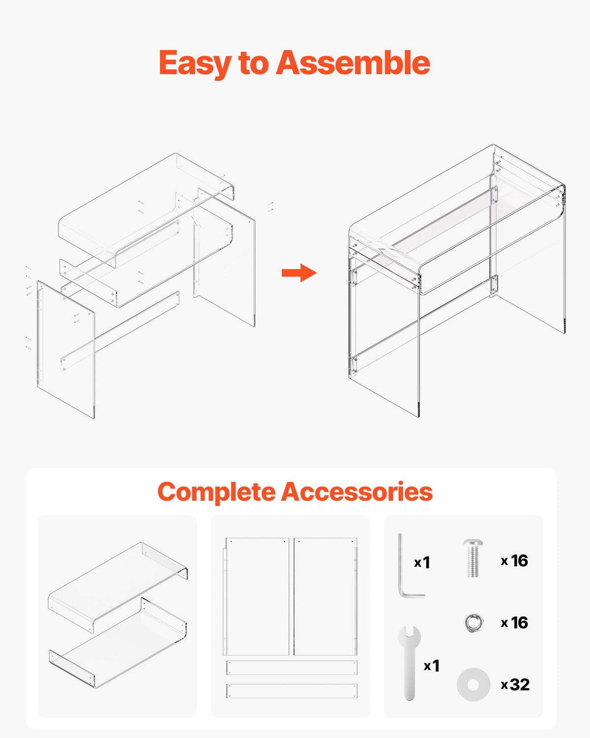 VEVOR Acrylic Desk, Clear Laptop Study Desk with Storage Shelf, Modern Transparent Console Table for Home Office, Living Room, Bedroom, Entryway, 33.5" W x 15.7" D x 29.5" H
