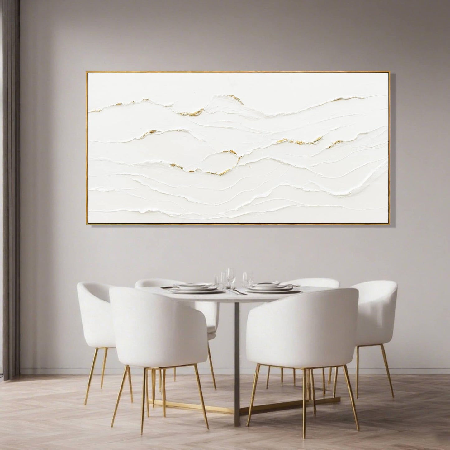 WINKAILIN Minimalist White and Gold Line Artwork with Frame Hand Painted Abstract Canvas Wave Wall Art for Bedroom Living Room Office 24"x48"