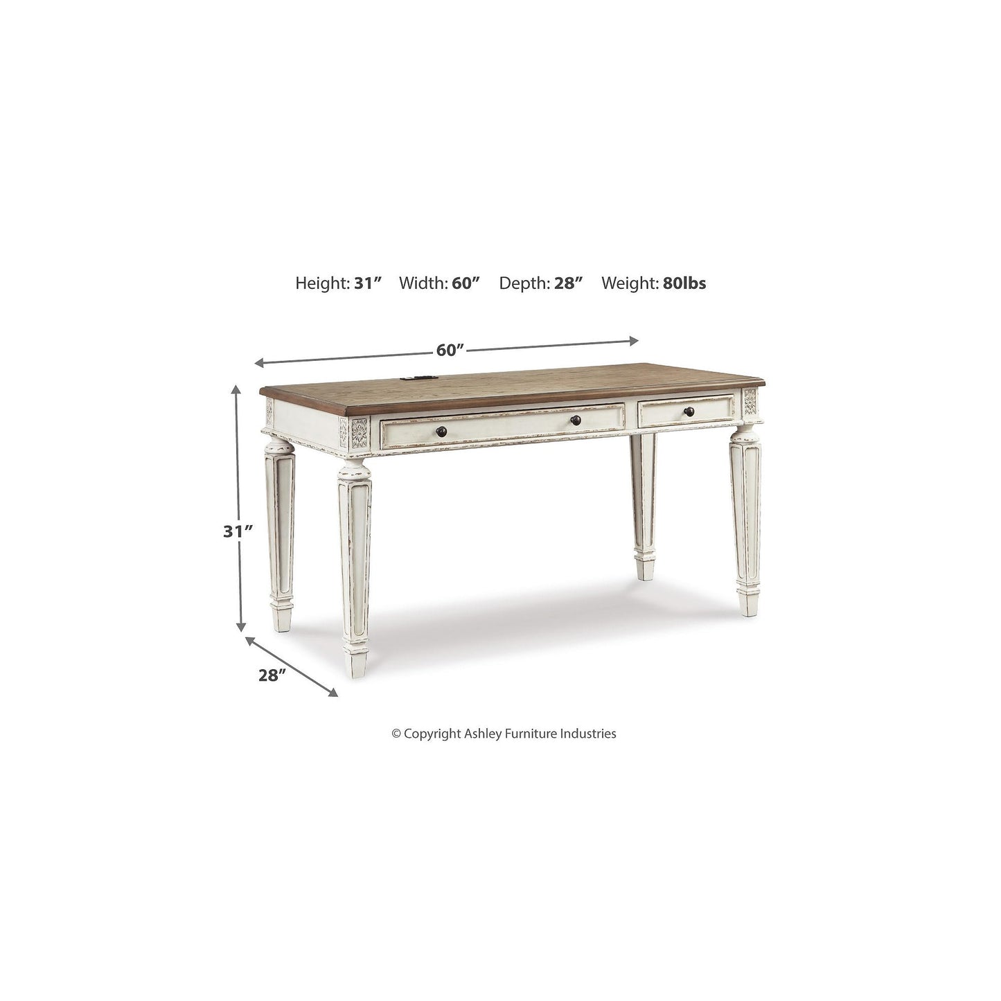 Signature Design by Ashley Realyn Farmhouse Home Office Desk, 2 Drawers, Drop-down Drawer, USB Charging, Wood, 60" W x 28" D x 31" H, Chipped White and Brown