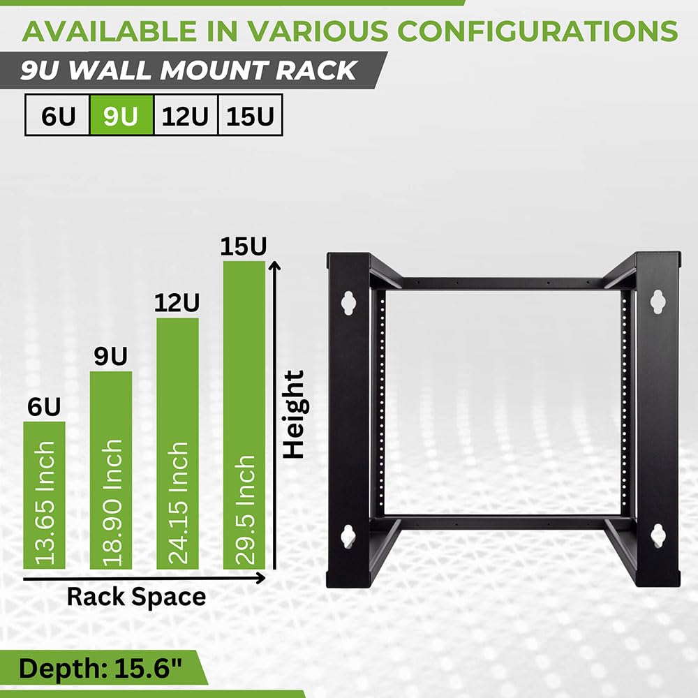 NavePoint 9U Open Frame Wall Mount Server Rack for 19" Networking IT Equipment & A/V, 12-24 Threaded, Compatible with 2-Post Mounting, Black
