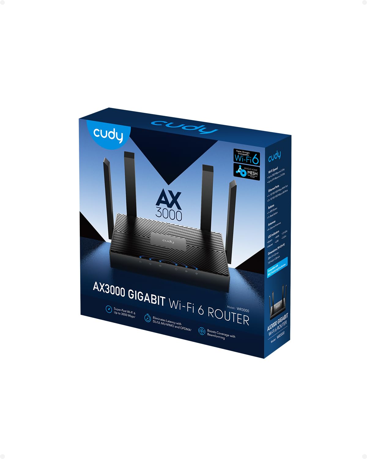 Cudy AX3000 WiFi 6 Router – 802.11ax Wireless Dual Band Gigabit Internet Router, VPN Compatible, MU-MIMO, WireGuard, Cudy Mesh Compatible WR3000 V2.0