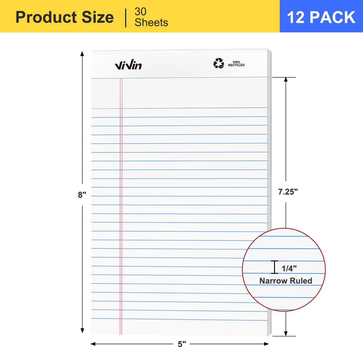 ViVin Legal Pads 5x8, 12 Pack, Narrow Ruled, 30 Sheets Per Note Pads, Perforated Writing Pad, Legal Pads Ideal for Home, Office, Business, White Paper