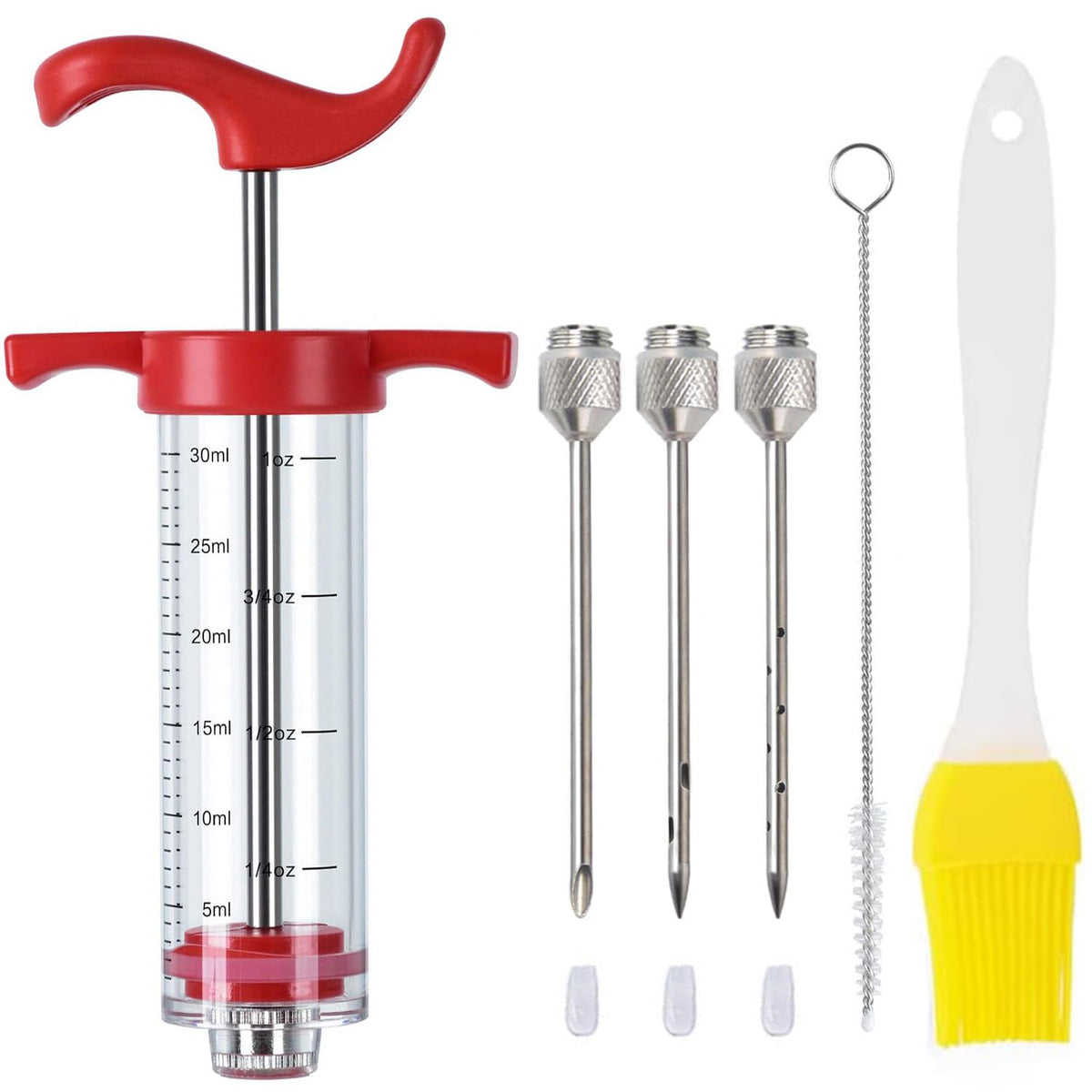 Plastic Meat Injector, Turkey Injector Syringe, Marinade Injector Turkey Injection Kit, Meat Injectors for Smoking, BBQ Grill Injector, Red 1oz (1 Injector 3 Needles)