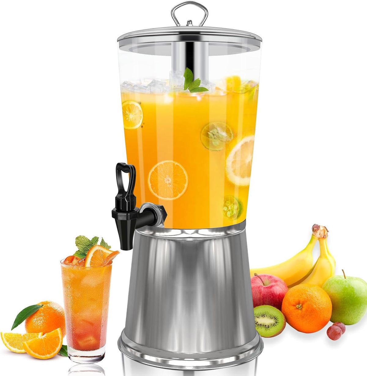 FULIYE Beverage Dispenser with Stand, Drink Dispensers for Parties, Beverage Dispenser with Ice Container, 2.2 Gallon/8L, Clear Acrylic Stainless Steel Lemonade Dispenser for Buffet, Café, Bar