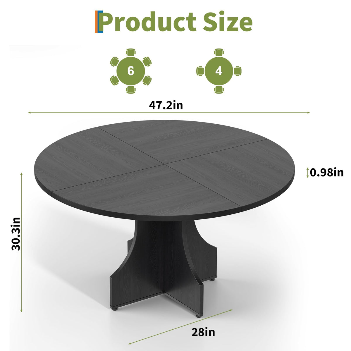 Round Dining Table 47 Inch for 4-6 People, 0.98 Inch Thick Tabletop with Adjustable Feet, Sturdy Legs, Easy to Clean & Assemble, Modern Kitchen Dining Room Table for Small Space Apartment, Black