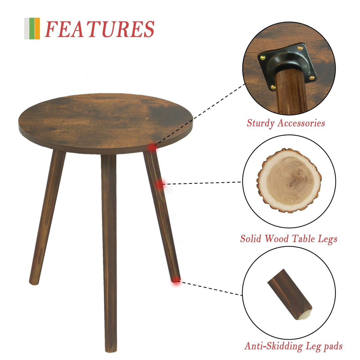 AWASEN Round Side Table, Small End Table for Living Room, Modern Wood Accent Coffee Side Table with Wood Legs for Small Space, Easy Assembly, Rustic Brown