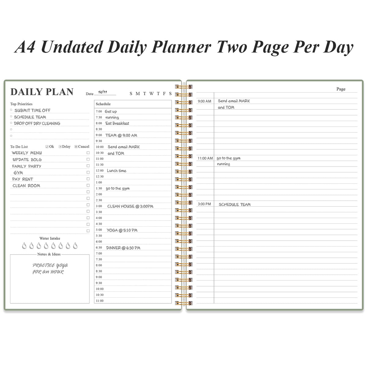 Daily Planner Undated - A4 To Do List Notebook Hourly Schedules, Spiral Appointment Planner for Women and Men,PVC Hardcover, Inner Pocket, Elastic Closure, 8.5" x 11", Green