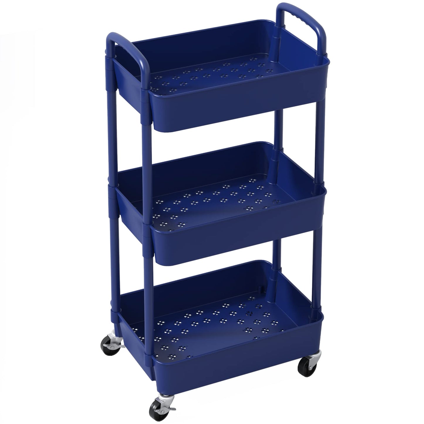 Sywhitta 3-Tier Plastic Rolling Utility Cart with Handle, Multi-Functional Storage Trolley for Office, Living Room, Kitchen, Movable Storage Organizer with Wheels, Blue