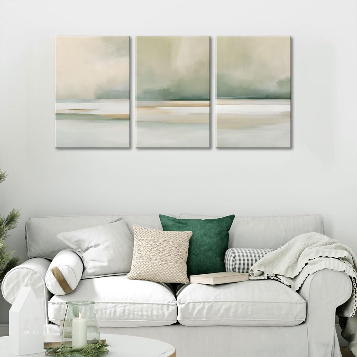 3Pcs Sage Green Canvas Wall Art Modern Neutral Abstract Wall Decor Pictures Minimalist Green Tan Posters Prints for Living Room Bedroom Home Decoration, 12x16in