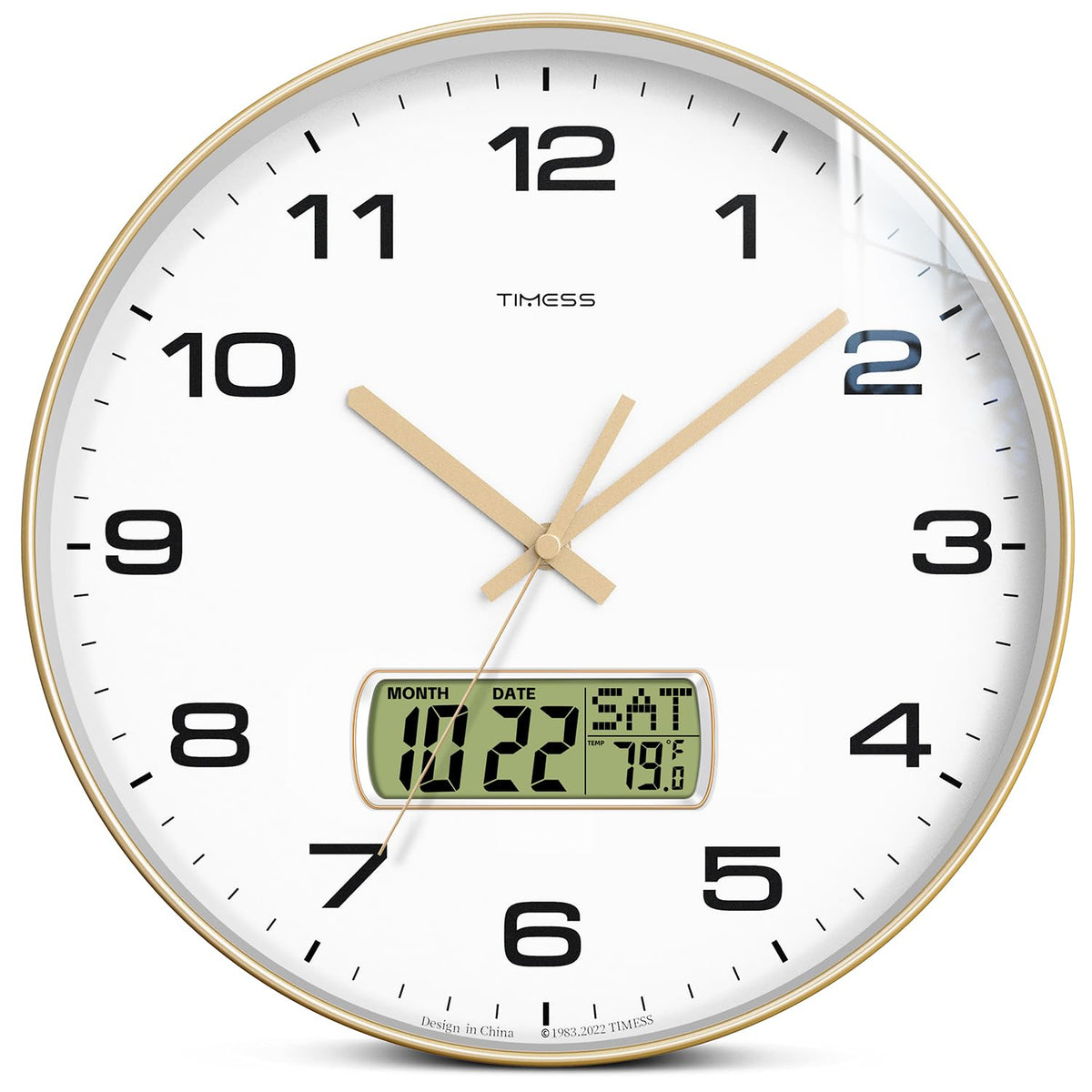 TIMESS Wall Clock, 12" Dial Non-Ticking Silent Battery Operated Analog with LCD Display for Perpetual Calendar and F° Temperature, Ideal Modern Home, Bedroom, Kitchen, Office Decor (Gold)