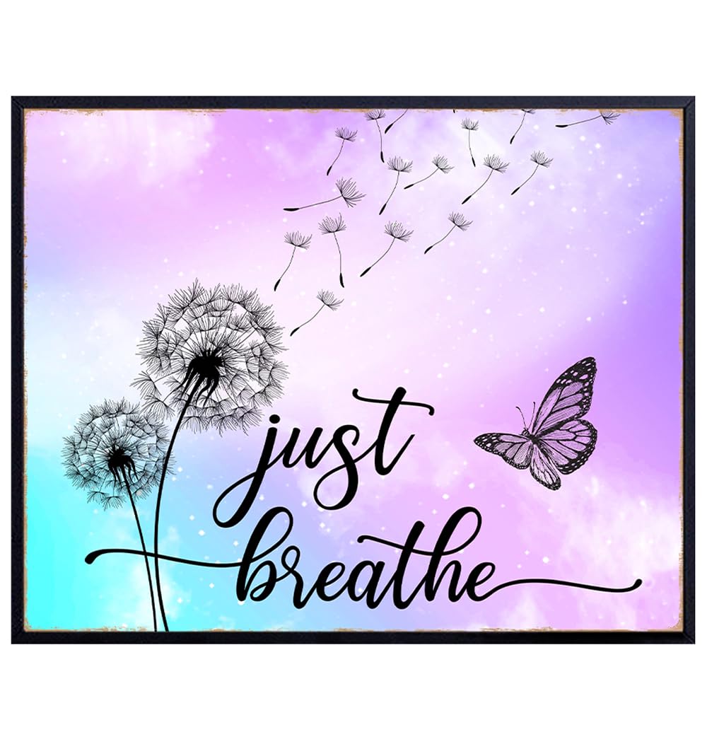 Just Breathe Wall Art - positive Quotes Purple Office Wall Decor for Women - Farmhouse Bedroom Inspirational Wall Decor - Motivational Shabby Chic Art - Zen Spa Wall Art, Butterfly Print