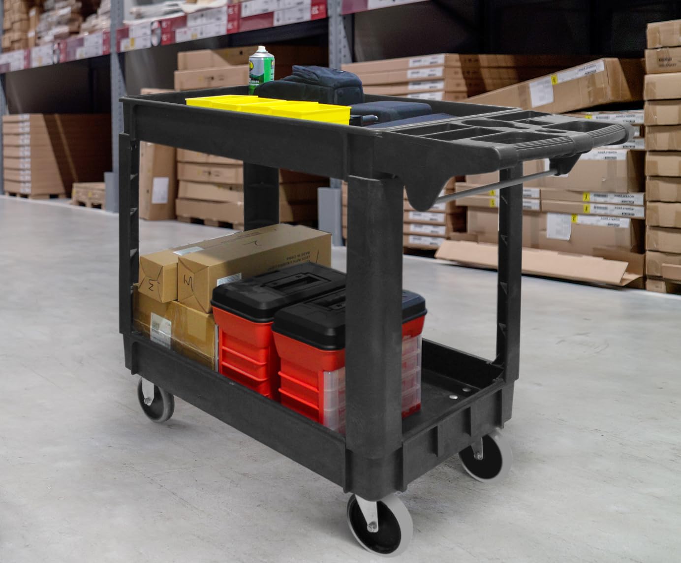MaxWorks Heavy Duty 2‑Shelf Service Cart 500 lb Capacity Polypropylene Utility Cart with 5" Non‑Marring Casters Deep Trays and Built‑In Tool Storage for Garage Warehouse Workshop (80855)