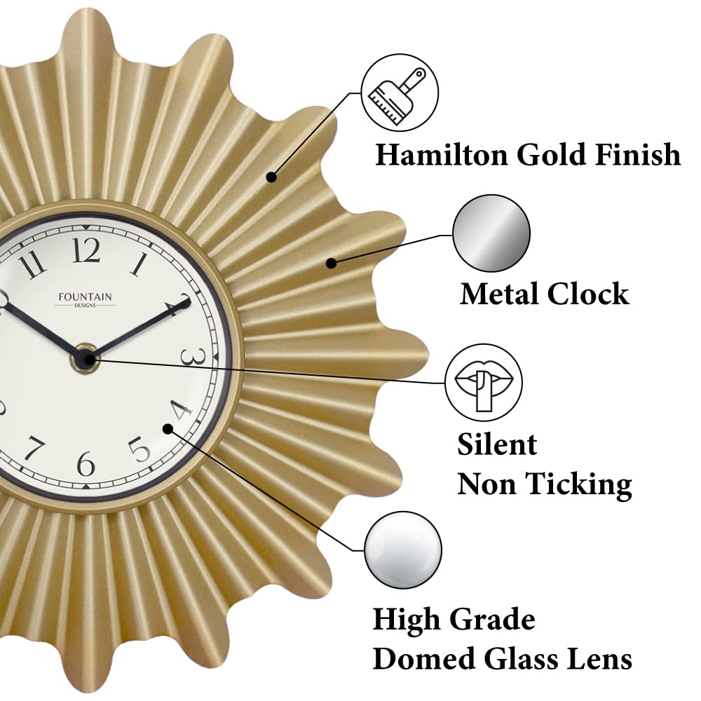 FOUNTAIN DESIGNS 18 Inch Mid Century Modern Starburst Wall Clock, Minimalist Silent Non Ticking Metal Wall Clock for Living Room Decor, (Hamilton Gold, 18")