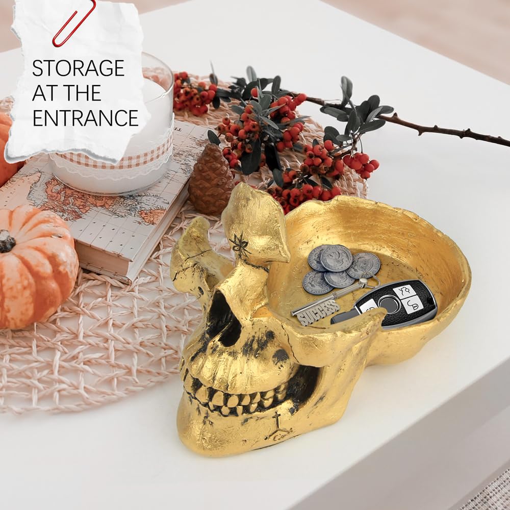 Mrlikale Skull Glasses Stand Holder, Creative Eyeglasses Holder, Sunglasses Spectacle Display Rack, Key Holder Resin Sculptures for Entryway, Home, Office, Desk, Nightstand (Gold)