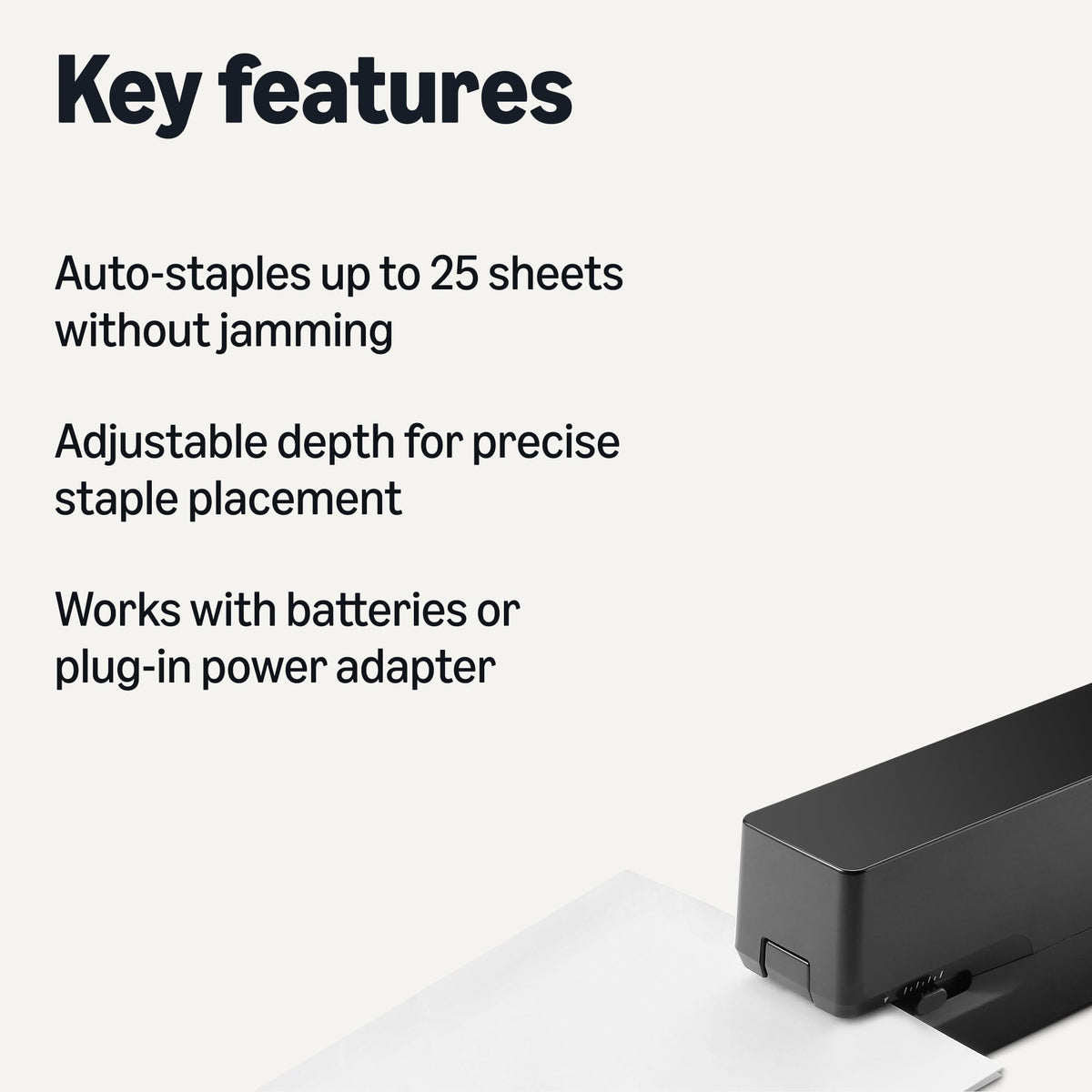 Amazon Basics Electric Automatic Stapler for Desk, 25 Sheet Capacity, No Jam Technology, Adjustable Staple Placement, Battery or AC Powered, Black