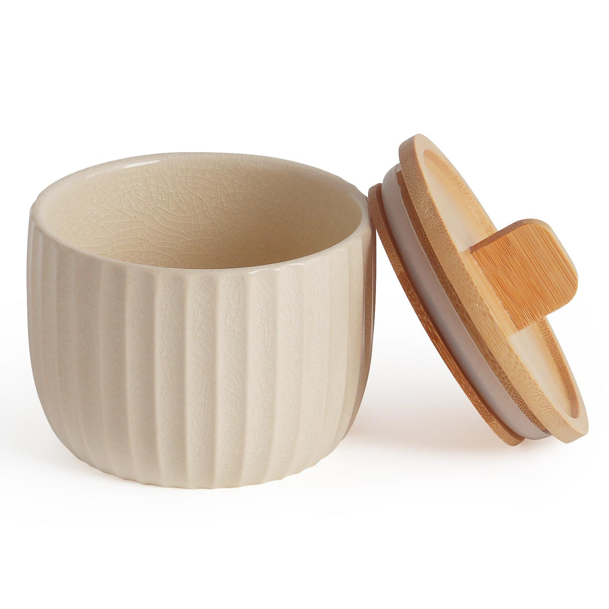 Lunavita Salt Cellar Keeper with Bamboo Lid, 14oz Big Capacity Ceramic Sugar Bowls Pepper Box, Crackle Glaze Seasoning Container Condiment Pot for Kitchen, (Cream Color), 4″×4″