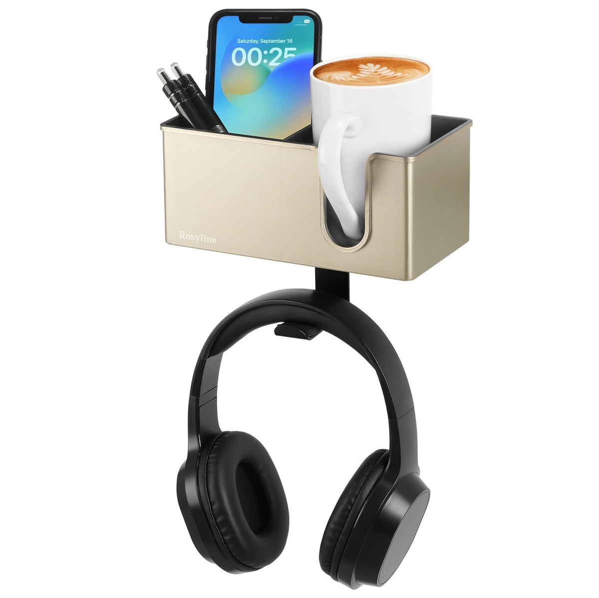 Rosyline 3-in-1 Desk Cup Holder & Clip-on Cup Holder, Clip on Desk Organizer – with Anti-Spill Function, Keeps Your Coffee, Headset, Phone & Pens Within Easy Reach, for Office Desk (Champagne)
