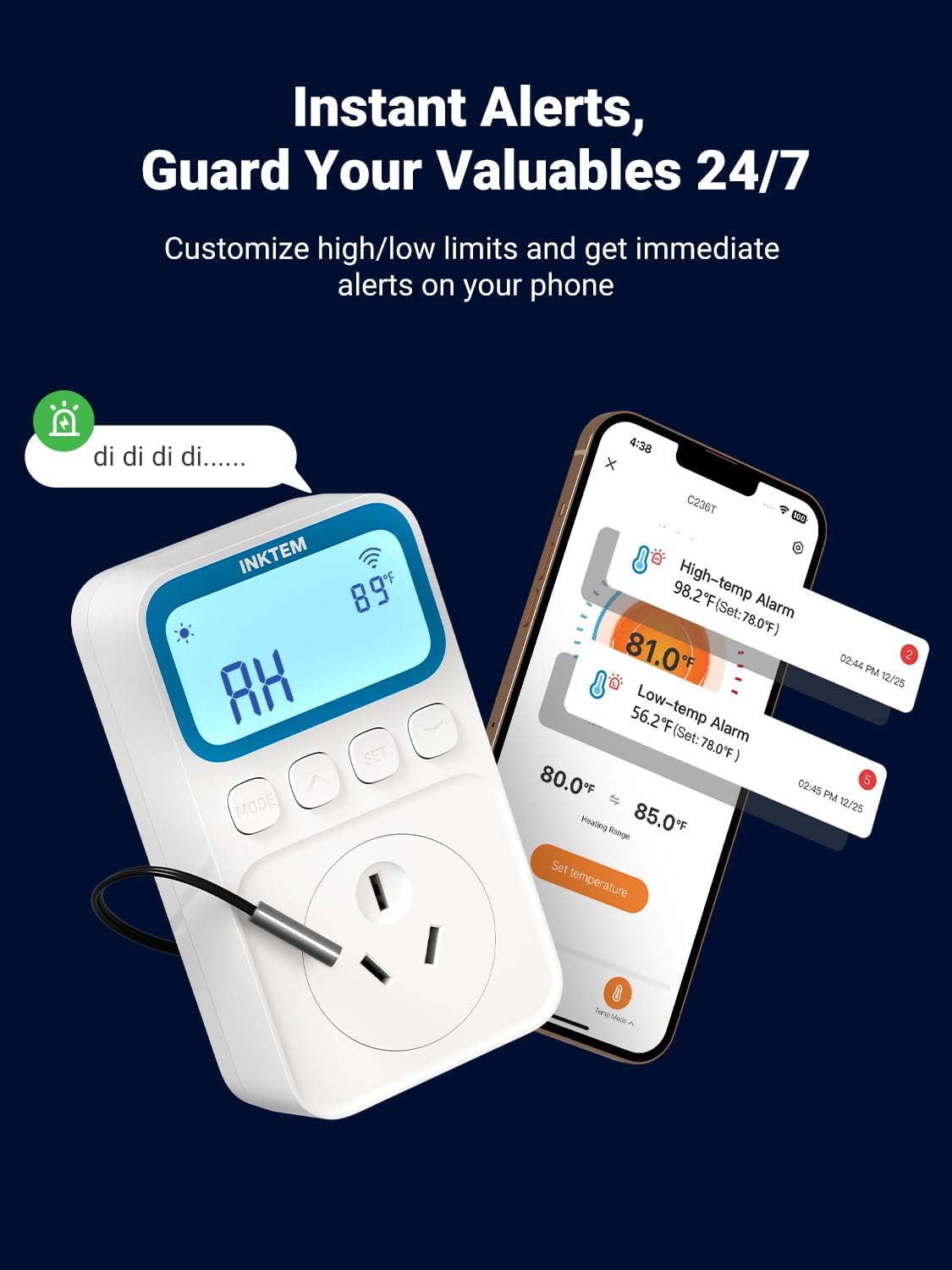 INKTEM WiFi Plug in Thermostat Outlet, Temperature Controlled Outlet with Smart APP, Timer & Memory Digital Temp Controller -40~212℉, IP67 Waterproof Probe for Incubator Homebrew Reptile Space Heater