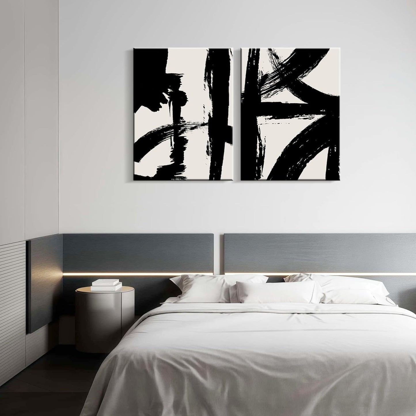 2Pcs Framed Abstract Black and White Canvas Wall Art Minimalist Brushstroke Line Prints Modern Home Gallery Style Painting Posters Picture Bedroom Living Room Office 16x24 Inch Ready to Hang
