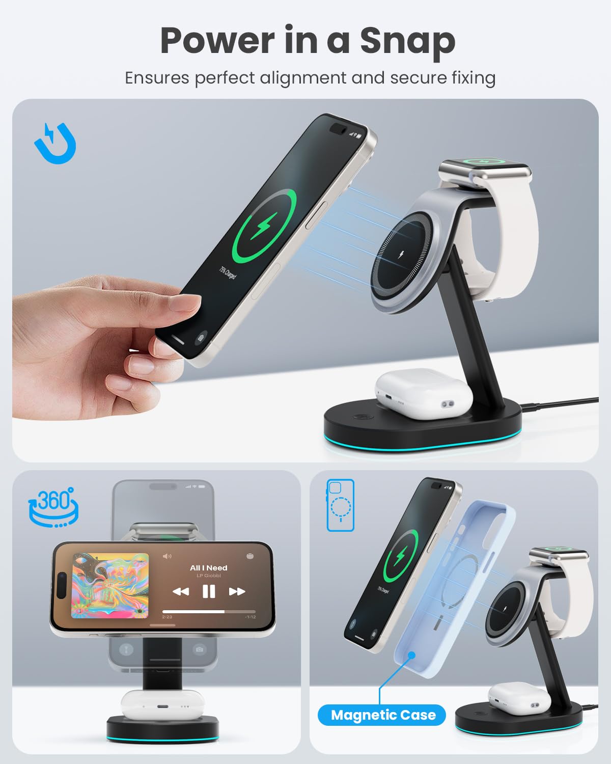 3 in 1 Wireless Charger Charging Station for iPhone,Qi2 Certified 15W Magnetic Charging Stand for Mag-Safe with 30W USB C Adapter&Friendly Night Light for iPhone 17/16/15/14/13/12,Apple Watch,AirPods