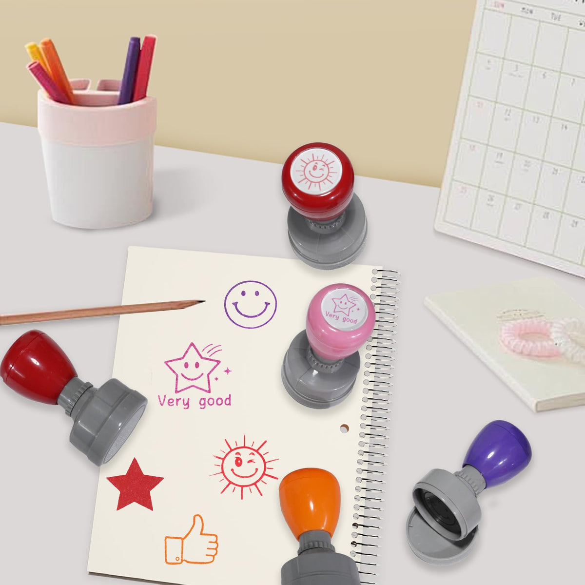5-Pcs Self-Inking Teacher Stamps Set – Fun Circle-Shaped Stamps for Classroom Rewards, Homework Grading & Student Motivation