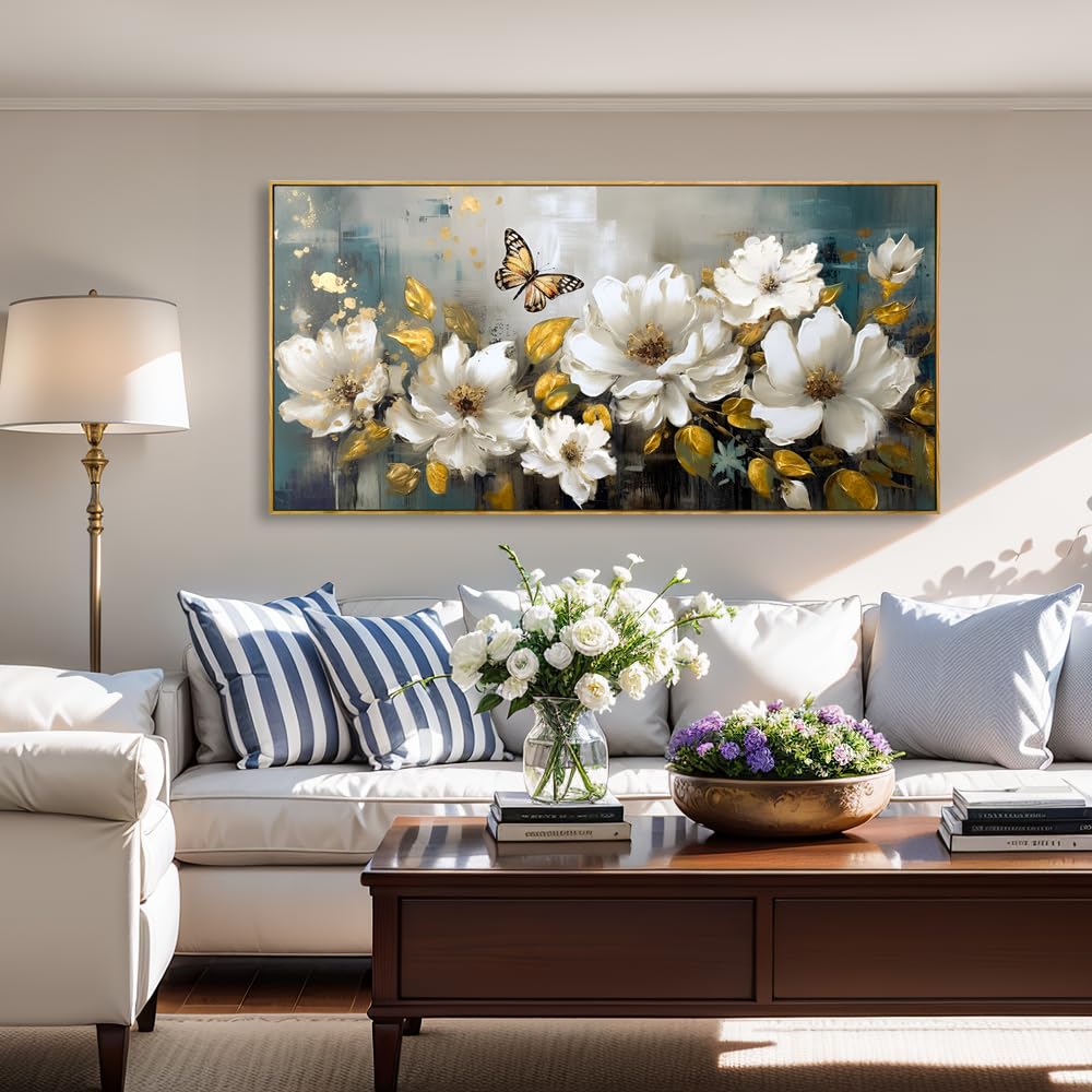 Wall Art Modern Flower Artwork Paintings White Blossom Gold Leaf Butterfly Landscape Picture wall Decor for Living Room Bedroom Kitchen 20"x40" with Framed
