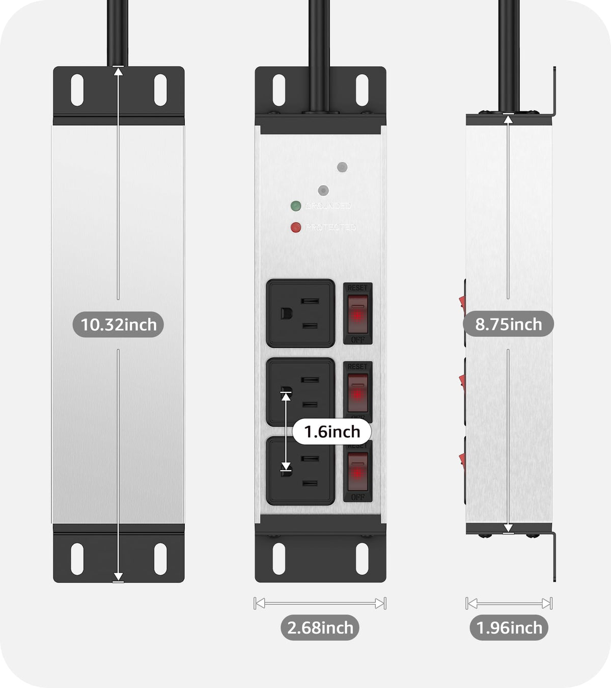 CCCEI 3 Outlet Heavy Duty Surge Protector Power Strip 20 Amp Individual Switches. 12 Gauge Extension Cord, Overload, Ground Protection. Garage Wall Mount Electric Extender, 6FT, Silver.