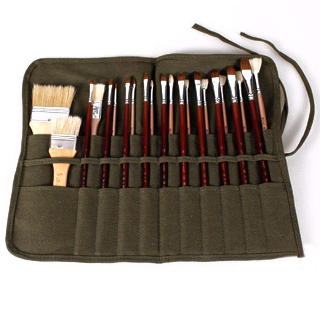 22 slots Paint Brush Case Canvas Paint Brush Holder, Roll Up Storage Bag Holder Canvas Wrap for Acrylic Watercolor Oil Face Brush - Army Green